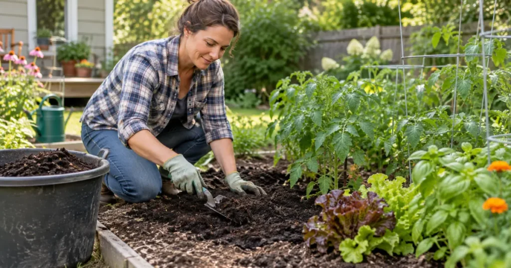 Gardener learning how to use compost in a garden bed