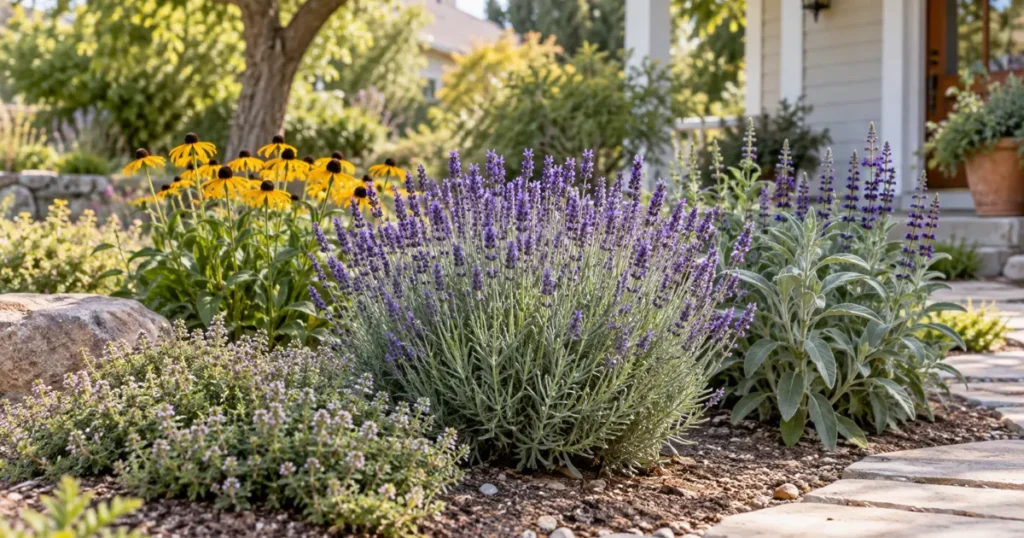 Lavender companion plants growing together in a sunny, well-drained home garden border