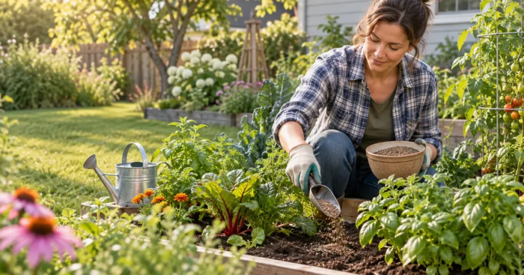 Gardener applying organic fertilizer for plants in a healthy home garden
