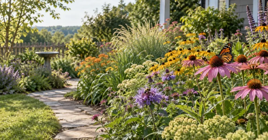 Pollinator garden with diverse flowering plants supporting bees and butterflies