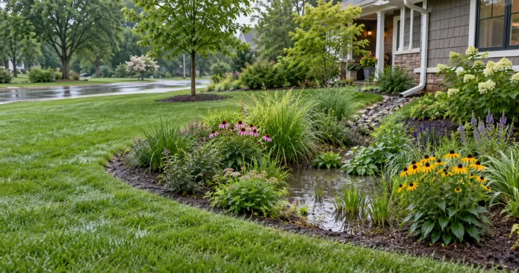 Rain garden collecting runoff in a residential yard after rainfall