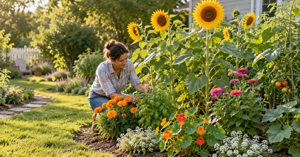 Sunflower companion plants growing together in a healthy mixed home garden
