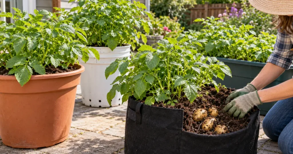 Growing potatoes in containers in a home garden