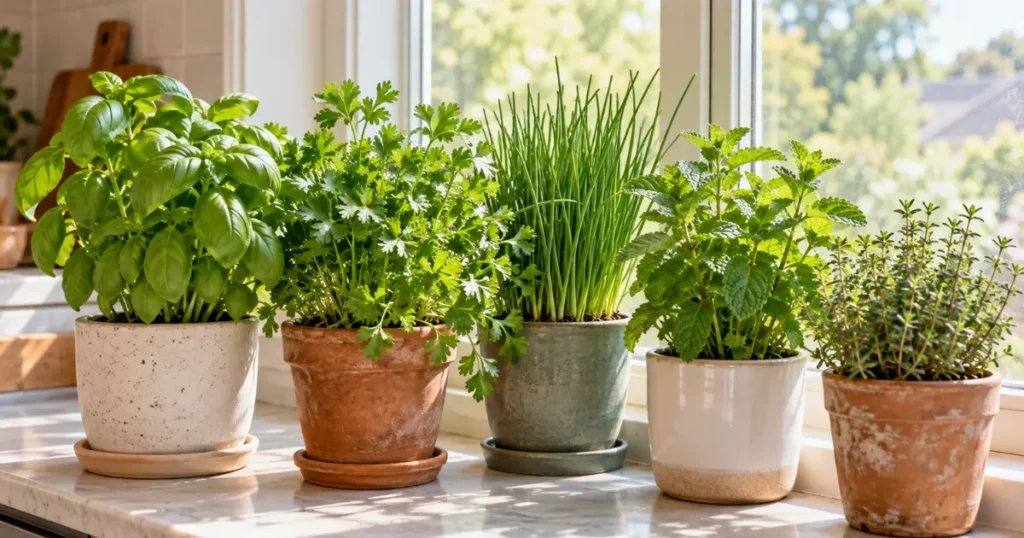 Indoor herb garden with fresh culinary herbs growing near a sunny window