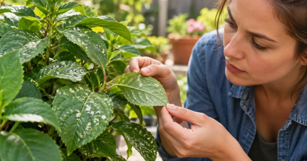 White spots on leaves being examined to identify the possible cause