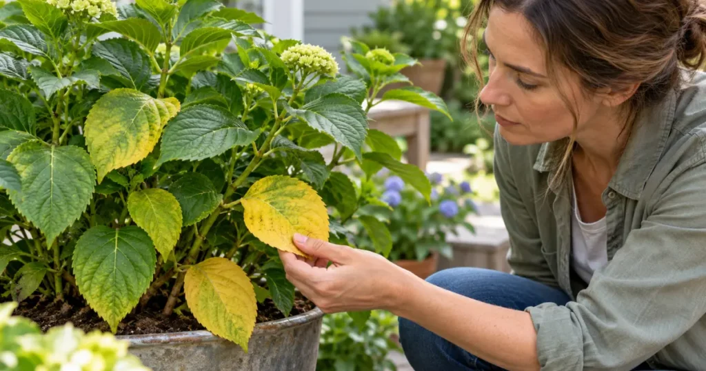 Yellow leaves on plants being examined for possible causes